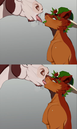 ambiguous_gender anthro bodily_fluids clothing deep_kiss duo french_kissing hat headgear headwear hot_breath kissing looking_at_another looking_pleasured male penetration saliva saliva_on_tongue saliva_string size_difference steam tongue tongue_out tongue_penetration two_panel_image vitor_swissidoldragon equid equine felid horse mammal pantherine tiger absurd_res hi_res