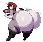 anthro big_breasts big_butt big_ears bottom_heavy bottomless bottomless_anthro bottomless_female breasts buckteeth butt clothed clothing female fur grey_body grey_fur hair huge_butt huge_thighs hyper hyper_butt long_ears looking_at_viewer looking_back looking_back_at_viewer red_hair shaking_butt short_tail simple_background solo tail teeth thick_thighs sssonic2 lagomorph leporid mammal rabbit 2025 hi_res
