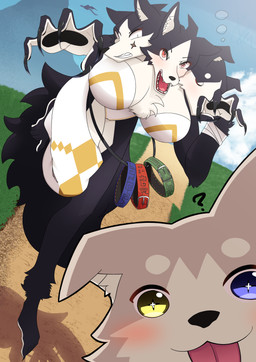 3_heads anthro big_breasts black_body black_fur breasts countershade_torso countershading female fur kemono multi_head outside running white_body white_fur sorakamis european_mythology greek_mythology mythology canid canid_demon canine cerberus demon hellhound mammal mythological_canine mythological_creature absurd_res hi_res