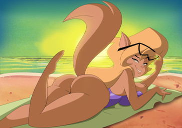 4_fingers anthro backless_clothing backless_swimsuit beach beach_towel big_breasts blonde_hair breasts butt clothed clothing eyebrows eyelashes eyewear eyewear_on_head female fingers glasses glasses_on_head green_eyes hair long_hair looking_at_viewer lying on_front one-piece_swimsuit outside raised_tail sand seaside sky smile solo sun sunset swimwear tail towel water grimphantom hanna-barbera swat_kats callie_briggs domestic_cat felid feline felis mammal 2023 absurd_res hi_res