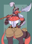 anthro armor big_breasts biped bottomwear breasts cleavage clothed clothing female holding_melee_weapon holding_object holding_weapon melee_weapon pants pupils red_body solo thick_thighs weapon wide_hips chorsinnell39 red_knight_(sirphilliam) scalie 2023 hi_res