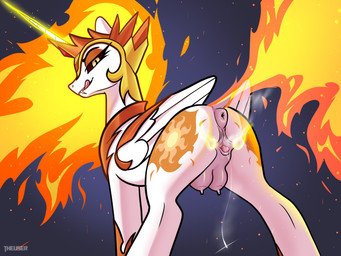 animal_genitalia animal_vulva anus bodily_fluids equine_genitalia equine_vulva fangs female female_feral feral fire genital_fluids genitals horn looking_at_viewer magic puffy_anus raised_tail solo spread_vulva spreading tail teats teeth three-quarter_view vaginal_fluids vulva wings user001 friendship_is_magic hasbro my_little_pony mythology daybreaker_(mlp) equid equine mammal mythological_creature mythological_equine winged_unicorn 4:3 hi_res