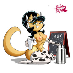 animal_print anthro armwear big_butt black_hair breasts butt clothed clothing container cow_horns_crown cow_print elbow_gloves female glass glass_container glass_of_milk gloves green_eyes hair handwear huge_butt huge_thighs implied_lactation legwear milk milk_container milk_tank nipples offering_to_viewer sign simple_background sitting small_waist smile solo tan_body thick_thighs thigh_highs thong topless underwear white_background bronybran nickelodeon t.u.f.f._puppy kitty_katswell domestic_cat felid feline felis mammal 1:1 2025 colored hi_res shaded signature