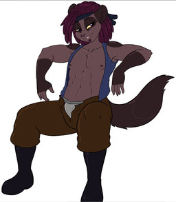 bottomwear bulge clothing crossgender dreadlocks male pants presenting smile smirk solo tail unbuttoned skidd uberquest dante_jacques mammal mink mustelid musteline true_musteline