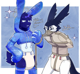 4_eyes anthro arms_tied bdsm blue_background bondage both_wearing_diaper bound clothed clothing diaper dominant duo gag gagged half-closed_eyes hogtied holding_rope_pulling hoodie jacket long_ears male male/male multi_eye muzzle_gag narrowed_eyes restrained rope simple_background sparkles speech_bubble standing submissive text tired topwear wearing_diaper obedientmirelle lagomorph leporid mammal rabbit hi_res