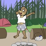 1:1 adolescent anthro breasts brown_body brown_fur camping candy clothed clothing dessert female firepit food forest fur mammal marshmallow mustelid navel open_mouth otter outside plant sarah_(study_partners) shirt solo stretching study_partners tent thunderouserections topwear tree young