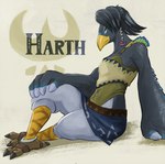 anthro armor beak black_body black_feathers black_hair clothing feathers feet green_eyes hair leather leather_clothing male sitting solo talons toes sheep_riritoto nintendo tears_of_the_kingdom the_legend_of_zelda harth_(tloz) avian rito