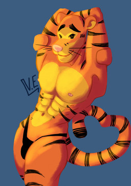 abs anthro areola arms_bent black_clothing black_eyebrows black_eyes black_stripes black_thong black_underwear blue_background brown_line_art bulge closed_smile clothed clothed_anthro clothed_male clothing eyebrows fur gesture light long_tail looking_at_viewer male male_anthro markings mouth_closed multicolored_body multicolored_fur navel nipples orange_body orange_fur orange_tail pecs pink_areola pink_nose pose simple_background smile smiling_at_viewer solo striped_markings striped_tail stripes tail tail_gesture tail_heart tail_markings thick_eyebrows thick_thighs thong topless topless_anthro topless_male two_tone_tail underwear whiskers yellow_nipples vandort.everglot disney winnie_the_pooh_(franchise) tigger felid mammal pantherine tiger 2023 colored colored_line_art digital_drawing_(artwork) digital_media_(artwork) english_description hi_res lighting portrait shaded signature three-quarter_portrait