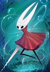 2_horns bubble clothing dress glistening glistening_clothing heart_symbol holding_object holding_weapon horn pointed_feet red_clothing red_dress sewing_needle solo thread weapon tinypaint hollow_knight team_cherry hornet_(hollow_knight) arthropod dated digital_media_(artwork) signature