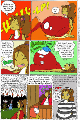 after_vore anthro belly big_belly clothing dress duo female female_pred female_prey fur inside overweight red_clothing red_dress speech_bubble text vore yellow_body yellow_fur s.sakurai felid leopard mammal pantherine 2004 comic english_text