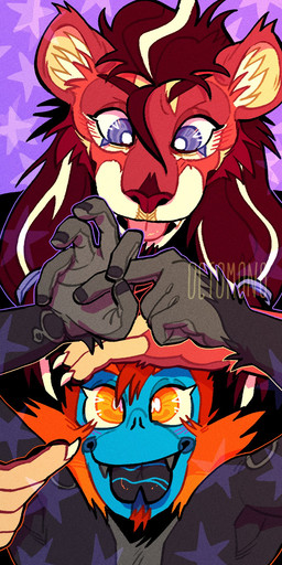 anthro blue_body blue_eyes duo fangs front_view fur humanoid_hands male male_anthro mane open_mouth open_smile orange_body orange_eyes orange_fur pattern_background red_body red_fur red_mane simple_background smile teeth white_body white_fur 0ct0m0n0 miko_(0ct0m0n0) felid haplorhine lion mammal monkey pantherine primate 1:2 hi_res