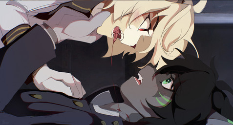 anthro bite blood bodily_fluids duo fangs male male/male teeth tokkot owari_no_seraph canid canine canis domestic_dog fox mammal true_fox vampire hi_res