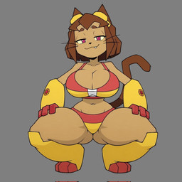 3_fingers 3_toes animal_ears anthro big_breasts bikini breasts brown_body brown_fur brown_hair clothing crouching eyewear fangs feet female fingers fur goggles hair half-closed_eyes narrowed_eyes purple_eyes simple_background smile solo spread_legs spreading swimwear tail teeth thick_thighs toes two-piece_swimsuit whiskers joytune1 gameoverse glitch_productions kit_bodega domestic_cat felid feline felis mammal 1:1 hi_res