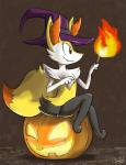 anthro clothing female fire food fruit hat headgear headwear holding_object holidays magic_user plant pokemorph pseudo_clothing pumpkin sitting_on_pumpkin solo stick toony witch witch_hat jurassiczalar halloween nintendo pokemon braixen canid canine generation_6_pokemon mammal pokemon_(species)