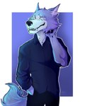 anthro black_bottomwear black_clothing black_pants blue_background blue_body blue_clothing blue_fur blue_shirt blue_topwear bottomwear clothing fangs fur hand_behind_head hand_in_pocket male nervous pants pockets shirt simple_background solo standing teeth topwear white_background white_body white_fur noirenard beastars legoshi_(beastars) canid canine canis mammal wolf 2022 4:5 hi_res