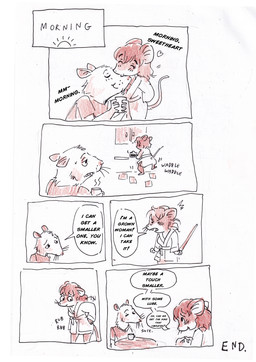 anthro biped dialogue duo female fur hair male male/female simple_background size_difference smaller_female speech_bubble tail text bedupolker mariella_mazatzal rusty_reavis cricetid deer_mouse mammal mouse murid murine rodent comic english_text hi_res trans_(lore) trans_man_(lore)