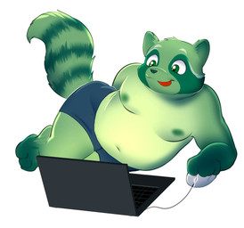 3_toes 4_fingers anthro bottomwear clothing computer computer_mouse electronics feet fingers laptop lying male mouth_closed navel nipples on_side overweight overweight_anthro overweight_male shorts solo toes tongue tongue_out unknown_artist fred_(fredrick_brennan) mammal procyonid raccoon absurd_res digital_media_(artwork) hi_res