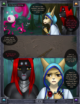 5_fingers anthro areola armor bald big_breasts big_ears big_tail black_areola black_body black_border black_fur black_nipples blue_clothing blue_nails border bracers breasts brown_eyes clothed clothing collar colored_nails dialogue duo eyes_closed female fingers forest forest_background front_view fur gem hair hood long_hair looking_at_another looking_at_viewer magic_clothing nails nipples nude open_mouth outside plant profanity red_gem red_hair side_view speech_bubble standing tail tan_body tan_fur tentacles text tree tuft weapon white_clothing yellow_eyes eliana-asato khloe_(eliana-asato) melony_(eliana-asato) canid canine felid feline fennec_fox fox mammal monster true_fox 2024 comic digital_media_(artwork) english_text hi_res multiple_scenes portrait