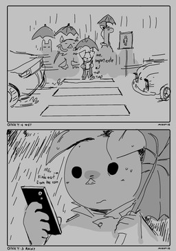 car crosswalk electronics holding_object holding_phone holding_umbrella phone raining road tapping_foot text umbrella vehicle lilmoonie oinky_(lilmoonie) domestic_pig mammal suid suine sus_(pig) 2025 black_and_grey comic english_text hi_res monochrome spanish_text