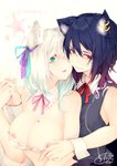 blue_hair blush breasts cute_fangs duo ear_piercing ear_ring fangs female hair hand_holding looking_aside looking_at_viewer nipples open_mouth piercing ring_piercing simple_background smile teeth white_background white_hair chita_(ketchup) animal_humanoid humanoid 2020 hi_res