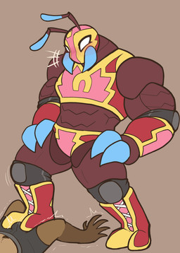 ambiguous_gender antennae_(anatomy) anthro armwear blush blush_lines bottomwear boxers_(clothing) bulge clothing duo elbow_pads emanata exoskeleton feet female foot_fetish foot_on_bulge foot_on_crotch foot_play footwear hand_on_hip knee_pads lucha_libre_mask lying male mandibles mask motion_lines muscular muscular_female on_back pubes shaking shoe_fetish shoes simple_background sports_mask sportswear standing topwear trembling underwear wearing_mask wrestling_mask carameltsi rivals_of_aether la_reina_(rivals_of_aether) ti-ti ant arthropod bat hymenopteran insect mammal absurd_res colored hi_res