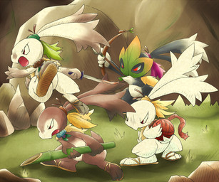 ambiguous_gender angry anthro arrow_(weapon) bamboo bow_(weapon) brown_body brown_fur clothing footwear fur grass group jumping long_ears looking_offscreen mask melee_weapon plant ranged_weapon red_eyes rocky_terrain sandals shoes sword weapon white_body white_fur kinakomocheeni sakuna:_of_rice_and_ruin demon_rabbit_(sakuna:_of_rice_and_ruin) lagomorph leporid mammal rabbit 6:5