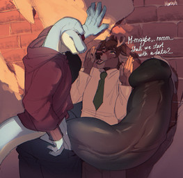 against_surface against_wall alley anthro antlers asking_for_date begging big_penis black_bottomwear black_clothing black_pants black_penis blue_body bottomwear bottomwear_down brick_wall clothed clothing cock_vore cornered duo forearms fully_inside genitals green_necktie hoodie horn huge_penis hyper hyper_genitalia hyper_penis khaki_pants male male/male necktie pants pants_down partially_clothed penile penis predator/prey questionable_consent raised_forearm raised_hands red_clothing red_hoodie red_topwear scaroused sunset text topwear trapped unseen_prey vore wall_(structure) white_dress_shirt blackrabbitshone seydaschu_(character) deer green_tree_python mammal python reptile scalie snake english_text hi_res