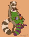 anthro beady_eyes beverage black_markings cheek_tuft claws coffee coffee_mug duo eyes_closed facial_markings facial_tuft fangs female fur green_body green_fur grey_body grey_fur hair head_markings holding_another hug male male/female markings mask_(marking) neck_tuft open_mouth orange_background purple_markings ring_(marking) ringed_tail simple_background smile striped_markings striped_tail stripes tail tail_markings teeth tuft whiskers white_hair keenadraws keena_raccoon milo_(mildlyrac) mammal procyonid raccoon 2025 absurd_res hi_res