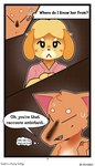 anthro clothed clothing dialogue duo female halftone halftone_background male partially_clothed pattern_background simple_background text starabbit animal_crossing nintendo crazy_redd isabelle_(animal_crossing) canid canine canis domestic_dog fox mammal 4:7 absurd_res comic english_text hi_res