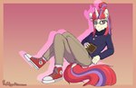 anthro anthrofied book bottomwear cheek_tuft clothing dock_(anatomy) dock_tuft ear_tuft eyewear facial_tuft female footwear glasses hair highlights_(coloring) horn inner_ear_fluff lying on_back pants ponytail shoes simple_background smile socks solo sweater tail topwear tuft punkpega friendship_is_magic hasbro my_little_pony mythology moondancer_(mlp) equid equine horse mammal mythological_creature mythological_equine pony unicorn 2022 hi_res