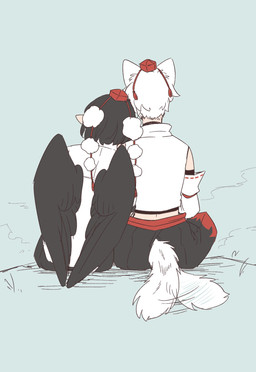 armwear black_bottomwear black_clothing black_hair black_skirt black_wings bottomwear clothing detached_sleeves duo feathered_wings feathers female furgonomic_bottomwear furgonomic_skirt furgonomics hair hat headgear headwear humanoid_pointy_ears leaning_on_another pointy_ears rear_view red_clothing red_hat red_headwear shirt short_hair sitting skirt tail tail_motion tailwag tokin_hat topwear white_clothing white_hair white_shirt white_tail white_topwear wings min.k touhou aya_shameimaru momiji_inubashiri animal_humanoid avian avian_humanoid canid canid_humanoid canine canine_humanoid humanoid mammal mammal_humanoid winged_humanoid wolf_humanoid hi_res