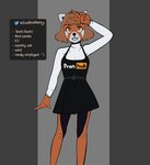 5_fingers anthro belt biped black_nose clothing dress female fingers gesture hand_gesture solo standing text text_on_clothing text_on_dress v_sign sockrateesy pornhub socks_(sockrateesy) ailurid mammal red_panda absurd_res english_text hi_res model_sheet portrait three-quarter_portrait