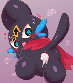 ambiguous_gender anthro anus anus_only black_body bodily_fluids cum cum_in_ass cum_inside gaping gaping_anus genital_fluids heart_eyes heart_symbol inflatable latex_body looking_at_viewer looking_back looking_back_at_viewer null red_scarf scarf simple_background solo starry_eyes badwingm mazica_party barunya animate_inanimate domestic_cat felid feline felis living_inflatable mammal 2021 hi_res