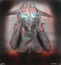 ambiguous_gender blood bodily_fluids breasts creepy dark dream ear_piercing female glowing gore half_naked horn insane nightmare piercing scary solo teeth wounded jeffthehusky nyx_(jeffthehusky) unknown_species hi_res
