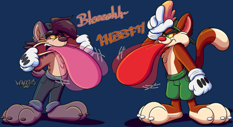 3_toes 4_fingers anthro beanie big_feet big_tongue bleh blowing_raspberries cartoon_gloves cartoon_physics claws clothing duo feet fingers food fruit gesture hand_gesture hat headgear headwear hyper hyper_tongue making_faces male male/male open_mouth paws plant raspberry red_tongue tail taunting teasing toe_claws toes tongue tongue_out toony toony_moment marquis2007 cypher_(tamerkoh) hakeem_(tamerkoh) domestic_cat felid feline felis hyena mammal absurd_res alpha_channel hi_res