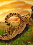 anthro black_spots branch butt detailed_background female fur in_tree leaf looking_at_viewer nude plant raised_tail red_eyes savanna smile solo spots tail tree yellow_body yellow_fur rena_ayama cheetah felid feline mammal digital_media_(artwork)