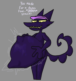 anthro bedroom_eyes belly belly_grab big_belly dialogue glistening glistening_belly male narrowed_eyes seductive sharp_teeth smug_pred solo struggling struggling_prey tail teeth vore netherbunz marsh_(zeropaint) ambiguous_species