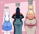 anthro big_butt black_body black_fur black_hair blonde_hair butt clothing dress female fur gradient_background group hair hand_on_butt huge_butt looking_away side_slit_clothing simple_background text trio white_body white_fur white_hair wide_hips jwinkz adison_(jwinkz) amara_(jwinkz) kim_soo_min ailurid arctic_fox bear canid canine fox mammal red_panda true_fox 2024 english_text hi_res