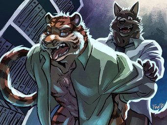 anal anthro bent_over binders blue_necktie chest_tuft clothed clothing dark_body dark_fur duo fur gradient_background green_clothing green_shirt green_topwear male male/male muscular muscular_male neck_tuft necktie office_sex orange_body orange_eyes orange_fur pantsless pantsless_anthro pantsless_male partial_nudity sex shelf shirt simple_background smile standing standing_sex striped_body stripes tail tongue tongue_out topwear tuft unfastened_clothing white_clothing white_shirt white_topwear fruitz canid canine canis felid mammal pantherine tiger wolf 4:3