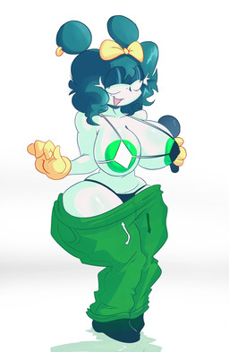 accessory anthro big_breasts bikini bikini_bottom bikini_top bottomwear bottomwear_down bow_ribbon breasts clothed clothing ear_piercing electronics female gloves green_hair hair hair_accessory hair_bow hair_ribbon handwear microphone pants pants_down partially_clothed piercing ribbons solo swimwear thick_thighs two-piece_swimsuit white_body rabbit5gamer friday_night_funkin' michaela_(gondamouse) mammal mouse murid murine rodent hi_res