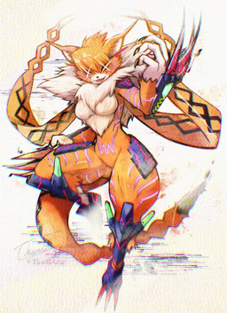 anthro armor black_body black_fur black_nose black_tail_tip breasts claw_(weapon) dipstick_tail featureless_breasts featureless_crotch female fur fur_markings markings medium_breasts melee_weapon muscular muscular_anthro muscular_female neck_tuft open_mouth open_smile orange_body orange_ears orange_fur orange_tail smile solo tail tail_markings teeth thick_thighs tuft weapon white_body white_fur wide_hips thwillartz bandai_namco digimon digimon_(species) felid feline mammal meicrackmon meicrackmon_vicious_mode hi_res