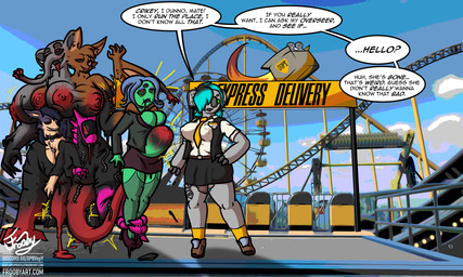 2_penises 4_breasts 4_heads 6_arms amusement_park amusement_ride anthro arm_tattoo badge big_breasts big_nose black_sclera bottomwear breasts brown_body clothed clothing collar corruption female ferris_wheel fishnet_stockings flaccid footwear frontal_taur_genitals frontal_taur_penis fused fusion gate genitals green_body green_eyes greeting grey_body group gynomorph high_heels highlights_(coloring) intersex interview leg_tattoo multi_arm multi_breast multi_genitalia multi_head multi_limb multi_penis necktie notebook oblivious pen_(object) penetration penis pink_body pubes purple_body railing red_eyes rolled_up_sleeves roller_coaster screen screen_face shirt shoes skirt socks suit_jacket tattoo tentacle_in_vagina tentacle_penetration tentacles text topwear transformation unaware_transformation vaginal vaginal_penetration vest winged_arms wings frooby chucklefish starbound blaire draxis echoen hanako_futaba melbourne_(frooby) aquatic bat elephant elephantid fish goo_creature humanoid hylotl koala mammal marsupial nanomachines proboscidean synth_(vader-san) taur vombatiform 5:3 absurd_res english_text hi_res url