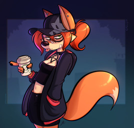 alternative_fashion anthro baseball_cap beverage blep clothing coffee eyewear female gesture glasses goth green_eyes hand_gesture hand_in_pocket hat headgear headwear markings midriff mole_(marking) navel pockets pointing solo tongue tongue_out psicoyote veronica_(psicoyote) canid canine fox mammal 2022 hi_res