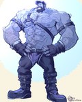 ballcap beard biceps blue_body blue_skin body_hair boots chaps chest_hair clothing facial_hair footwear growth hairy leather male muscle_growth muscular muscular_male nipples pecs shoes solo rickleone humanoid orc himbo 4:5 hi_res