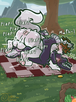anthro anthro_on_anthro anus basket bedding blanket blush brown_hair coin container deep_penetration duo exposed_butt eyes_closed feet fluffy fluffy_tail from_front_position gold_(metal) gold_coin grass hair kissing kissing_while_penetrated kissing_while_penetrating legs_in_air male male/male mating_press moan nude on_grass on_ground onomatopoeia outside outside_sex penetration picnic picnic_basket pink_anus plant plap sex sound_effects spread_toes tail text toe_wiggle toes judasthesinner brave_wolf_(collector_canine) judas_(judasthesinner) canid canine canis lagomorph leporid mammal rabbit wolf 3:4 hi_res