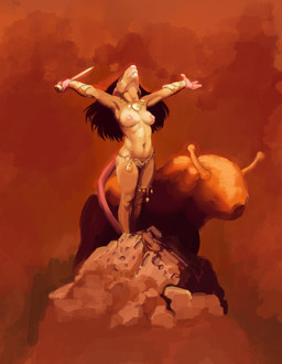 anthro areola armor bracers breasts buckteeth clothed clothing dagger eyes_closed female holding_dagger holding_melee_weapon holding_object holding_weapon jewelry melee_weapon navel necklace nipples raised_arms raised_head skimpy solo spread_arms teeth tribal tribal_clothing weapon lakeslug gastropod mammal mollusk murid murine rat rodent slug 2024 hi_res shaded soft_shading