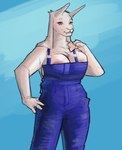 anthro areola areola_slip big_breasts breasts bursting_breasts chest_tuft female floppy_ears fur hand_on_hip horn huge_breasts mature_anthro mature_female nipple_slip overalls_only red_eyes solo tuft white_body white_fur md34 undertale_(series) toriel boss_monster_(undertale) bovid caprine felid goat lion mammal monster pantherine