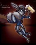 alcohol anthro armor beer beverage big_breasts black_hair breastplate breasts cleavage cleavage_overflow clothed clothing container cup duo eyebrows female fur grey_body grey_ears grey_eyes grey_fur hair huge_breasts long_ears motion_lines mug offscreen_character text thick_eyebrows norithics madelyn_stark mads_(matchamunch) lagomorph leporid mammal rabbit english_text