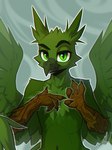 anthro beak eyebrows feathers green_body green_eyes green_feathers looking_at_viewer male raised_eyebrows simple_background solo talon_hands wings midnightflight hasbro my_little_pony mythology avian bird gryphon mythological_avian mythological_creature absurd_res digital_drawing_(artwork) digital_media_(artwork) half-length_portrait hi_res portrait signature