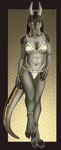 5_fingers abs anthro bikini biped black_body black_claws black_hair black_scales breasts claws clothed clothed_anthro clothed_female clothing female finger_claws fingers front_view grey_body grey_scales hair horn humanoid_hands long_tail looking_at_viewer medium_breasts navel nipple_outline non-mammal_breasts scales seductive simple_background solo standing swimwear tail two-piece_swimsuit yellow_body yellow_eyes yellow_scales wisemans mythology akara_(wisemans) dragon mythological_creature mythological_scalie scalie 2020 digital_media_(artwork) full-length_portrait hi_res portrait